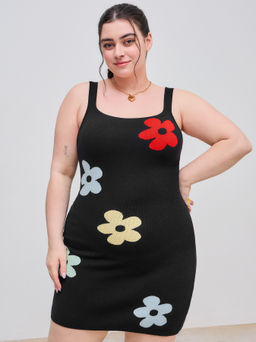 Cider - Knitted Square Neck Floral Mini Dress Curve & Plus