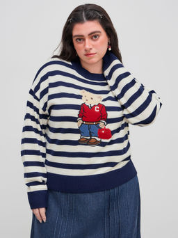 Cider - Knit Round Neckline Bear Graphic Striped Sweater Curve & Plus
