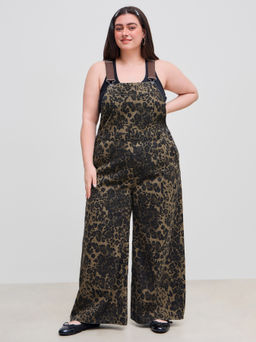 Cider - Denim Leopard Button Pocket Wide Leg Jumpsuit Curve & Plus