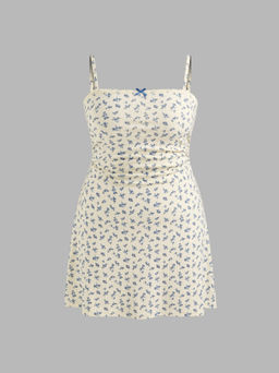 Cider - Jersey Square Neck Floral Bowknot Lace Mini Dress Curve & Plus