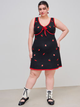 Cider - Knit V-neck Strawberry Cherry Chili Embroidery Knotted Mini Dress Curve & Plus