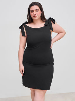 Cider - Boat Neck Solid Ruched Bowknot Mini Dress Curve & Plus