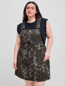 Cider - Denim Leopard Button Pocket Buckle Up Mini Dress Curve & Plus