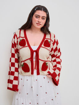 Cider - Knit Round Neckline Strawberry Gingham Knotted Hollow Out Cardigan Curve & Plus