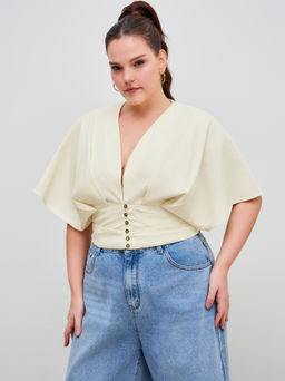 Cider - Cotton-blend V-neck Solid Ruched Button Top Curve & Plus
