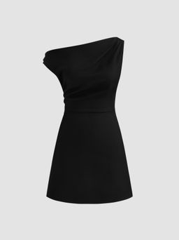 Cider - Asymmetrical Neck Solid Ruched Mini Dress