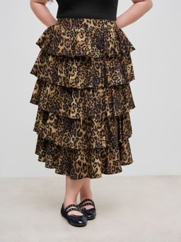 Cider - Mid Rise Leopard Layered Ruffle Midi Skirt Curve & Plus