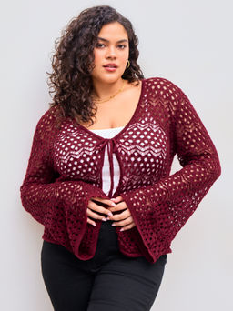 Cider - Knitted V-neck Hollow Out Knotted Long Sleeve Top Curve & Plus