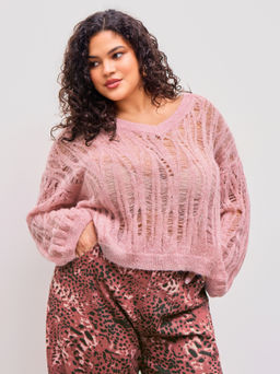 Cider - Wool-blend V-neck Solid Hollow Out Knitted Long Sleeve Top Curve & Plus