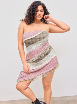 Cider - Collarless Gingham Lettuce Trim Colorblock Fringe Tiered Mini Dress Curve & Plus