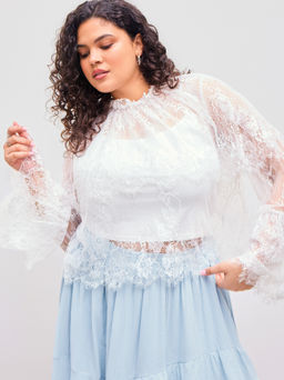 Cider - Lace Round Neckline Ruffle Hem Oversized Blouse With Solid Cami Top Curve & Plus