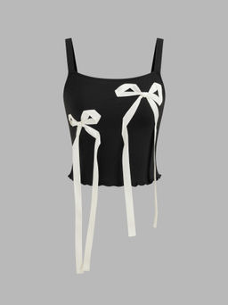 Cider - Knit U-neckline Bowknot Lettuce Trim Crop Tank Top
