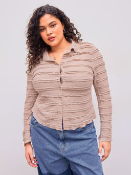 Cider - Lace Collar Solid Lettuce Trim Long Sleeve Shirt Curve & Plus