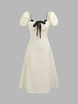 Cider - Satin Square Neck Floral Bowknot Midi Dress