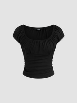 Cider - Cotton-blend Scoop Neckline Solid Ruched Short Sleeve Jersey Top