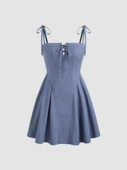 Cider - Cotton-blend Square Neck Solid Knotted Ruffle Lace Up Mini Dress