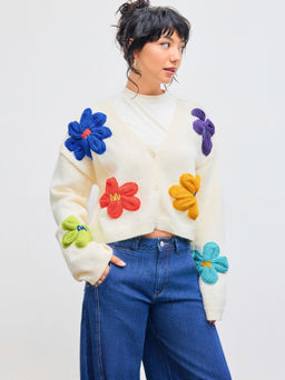 Cider - Knit V-neck Floral Button Cardigan