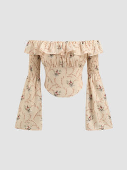 Cider - Off-shoulder Floral Shirred Bell Sleeve Blouse