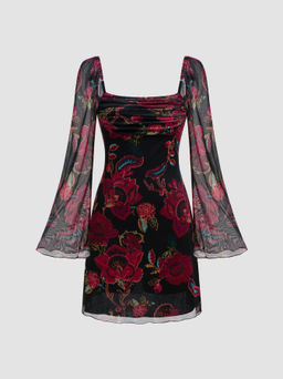 Cider - Square Neck Floral Lettuce Trim Ruched Mini Dress