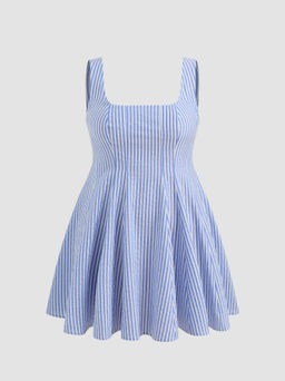 Cider - Cotton-blend Square Neck Striped Ruffle Zipper Mini Dress Curve & Plus