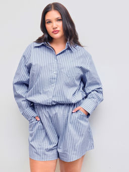 Cider - Cotton Collar Striped Pocket Oversized Shirt Romper Curve & Plus