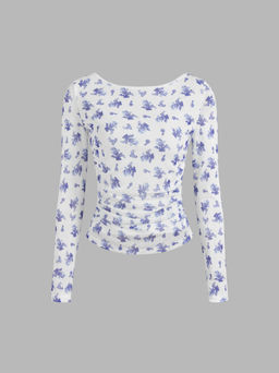 Cider - Mesh Boat Neckline Floral Lace Up Long Sleeve Top