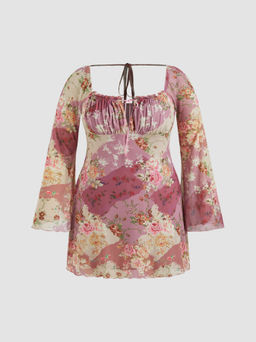 Cider - Mesh Square Neck Floral Lettuce Trim Knotted Ruched Mini Dress Curve & Plus