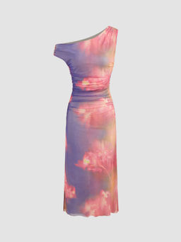 Cider - Mesh Asymmetrical Neck Floral Gradient Ruched Maxi Dress