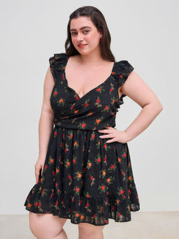 Cider - V-neck Floral Ruched Shirred Ruffle Mini Dress Curve & Plus