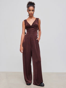 Cider - Cowl Neck Solid Ruched Ruffle Hem Pocket Jumpsuit