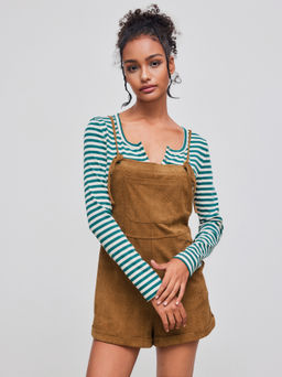 Cider - Jacquard Square Neck Solid Pocket Roll Hem Knotted Romper