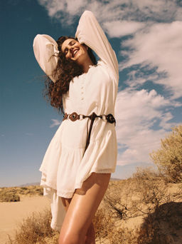 Cider - Stand Collar Solid Lettuce Trim Broderie Anglaise Mini Shirt Dress With Cami