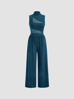 Cider - High Neck Solid Cut Out Patched Wide Leg Jumpsuit
