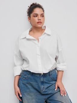 Cider - Cotton Collar Solid Button Long Sleeve Oversized Shirt Curve & Plus