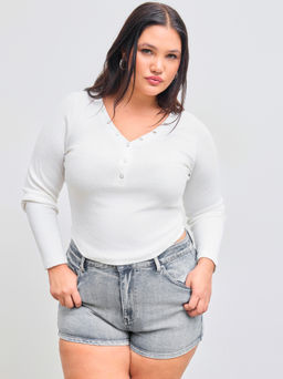 Cider - V-neck Solid Button Long Sleeve Crop Tee Curve & Plus
