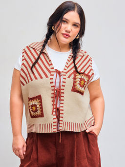 Cider - Knit Collar Striped Tie Front Vest Curve & Plus