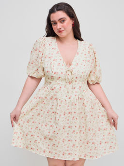 Cider - V-neck Floral Ruffle Zipper Puff Sleeve Mini Dress Curve & Plus