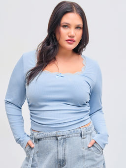 Cider - Square Neck Solid Lace Trim Bowknot Ruched Long Sleeve Jersey Top Curve & Plus