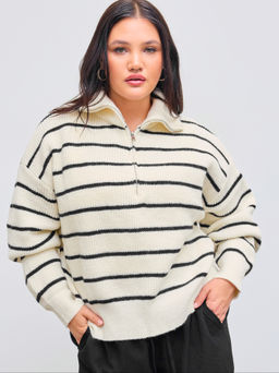 Cider - Knit Collar Striped Zipper Long Sleeve Sweater Curve & Plus