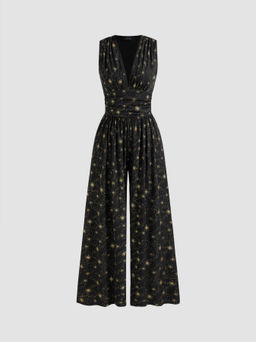 Cider - V-neck Star Glitter Ruched Jumpsuit