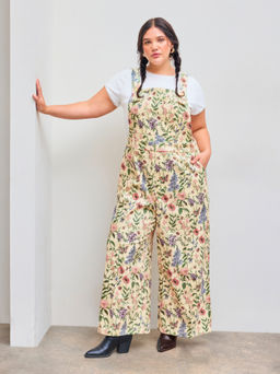 Cider - Updated Fabric Corduroy Square Neck Floral Pocket Wide Leg Jumpsuit Curve & Plus
