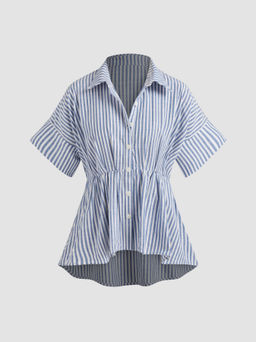 Cider - Cotton-blend Collar Striped Button Short Sleeve Blouse