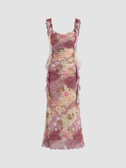 Cider - Cowl Neck Floral Lettuce Trim Ruched Ruffle Hem Maxi Dress