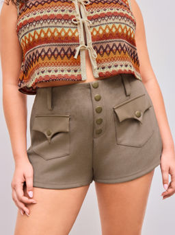 Cider - Mid Rise Solid Button Pocket Micro Shorts Curve & Plus