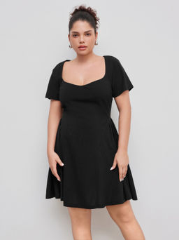 Cider - Square Neck Solid Pleated Short Sleeve Mini Dress Curve & Plus