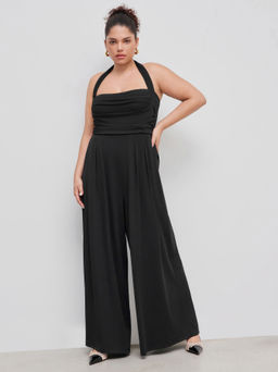 Cider - Halter Neckline Solid Knotted Ruched Pocket Jumpsuit Curve & Plus