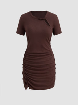 Cider - Round Neckline Solid Twist Cut Out Ruched Mini Dress