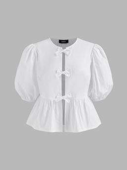 Cider - Cotton Round Neckline Solid Bowknot Ruffle Hem Puff Sleeve Shirt