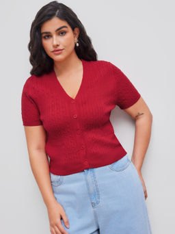 Cider - Cable Knit V-neck Solid Button Short Sleeve Top Curve & Plus