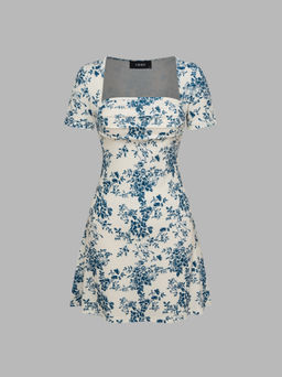 Cider - Square Neck Toile de Jouy Ruched Mini Dress